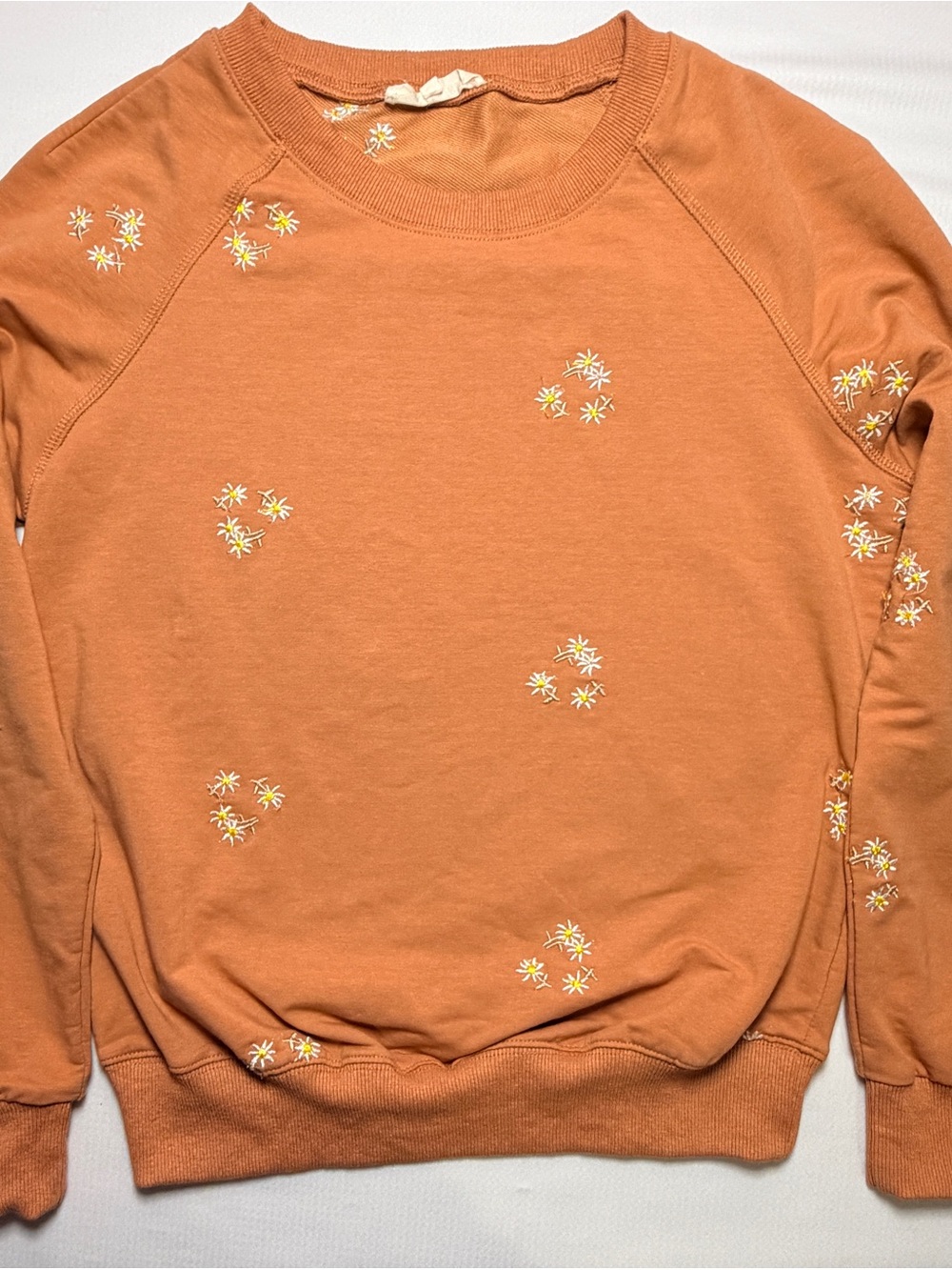 Solitaire Orange Crewneck Sweatshirt with White & Yellow Floral Embroidery